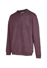 Pullover sweatshirt in deep purple, featuring a crew neck, ribbed cuffs, and a subtle logo. Soft fabric with a smooth texture.