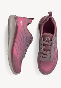 Purple athletic shoes with a textured mesh upper, lace-up closure, and a cushioned sole. Features a subtle wave pattern and logo detail.