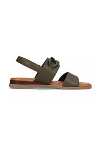 Sandalo in pelle verde oliva con doppie cinghie, dettaglio nodo decorativo, punta aperta e suola in legno piatta. Cinturino posteriore regolabile per una calzata sicura.