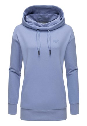 Hellblaues Hoodie aus weichem Material, mit großem Schalkragen, Kordeln und gerippten Bündchen und Saum. Kleines Logo auf der Brust.