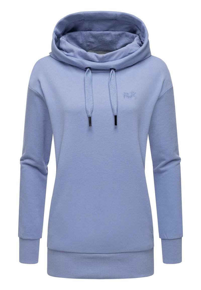 Felpa azzurra chiara realizzata in materiale morbido, con un ampio colletto drappeggiato, cordini e polsini e orlo a costine. Piccolo logo posizionato sul petto.