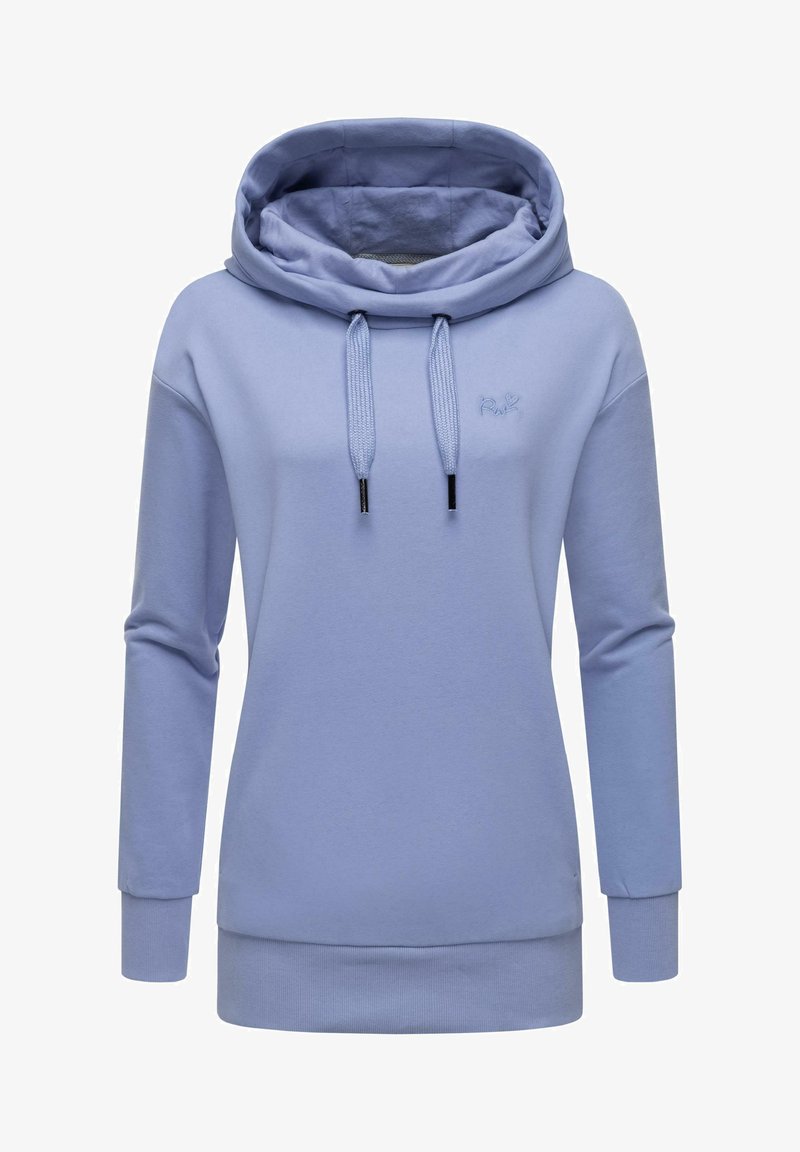 Felpa azzurra chiara realizzata in materiale morbido, con un ampio colletto drappeggiato, cordini e polsini e orlo a costine. Piccolo logo posizionato sul petto.