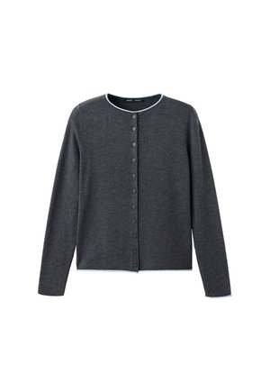 Cardigan gris foncé à manches longues avec boutons, col rond et bordure bleu clair le long du col et de l’ourlet.