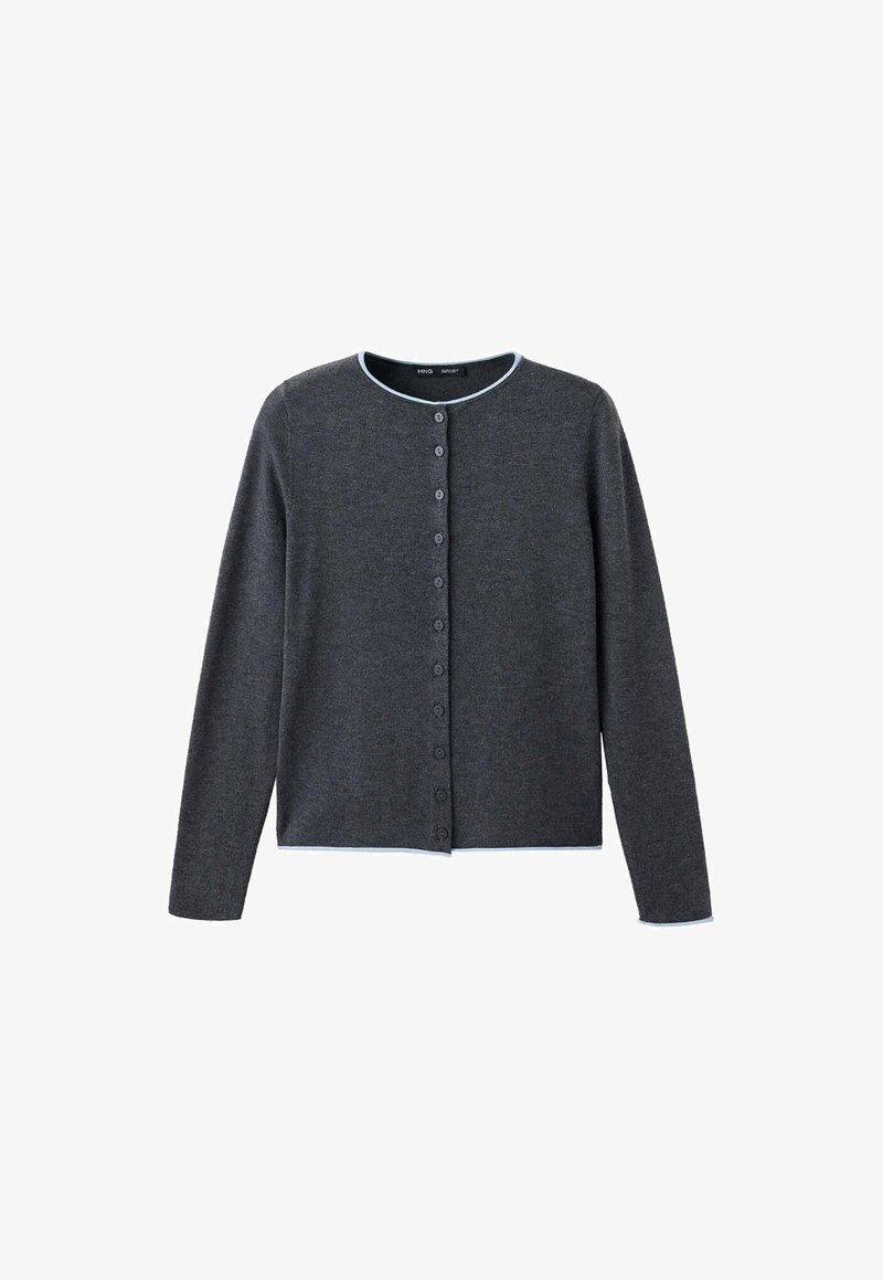 Cardigan gris foncé à manches longues avec boutons, col rond et bordure bleu clair le long du col et de l’ourlet.