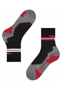 Czarno-szare skarpetki ankle z czerwonymi akcentami, kontrastującymi paskami oraz wzmocnionymi częściami pięty i palców. Na mankiecie umieszczone logo "FA".