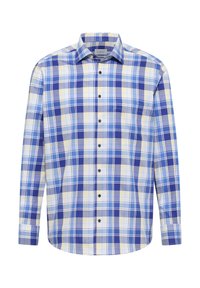 Blau- und gelb kariertes Langarmhemd. Verfügt über einen Kragen, eine Knopfleiste und einen geraden Saum mit kontrastierenden blauen Akzenten.