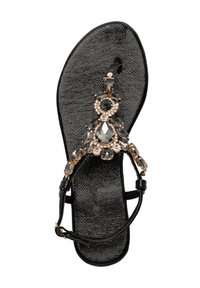 Sort flip-flop sandal med en tekstureret sål, udsmykket med mørke og klare perler i et blomstermotiv, akkompagneret af en guld-tone rem.