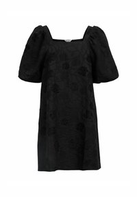 Vestido negro con escote cuadrado y mangas abullonadas. Tejido texturizado con sutiles patrones florales. Ajuste relajado, largo hasta medio muslo.