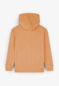 Hoodie i persikofärgad tyg med en mjuk textur, med en känguruficka och ribbade ärmslut, presenterad från baksidan.