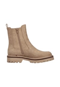 Beige Knöchelstiefel mit strukturiertem Finish, seitlichem Reißverschluss, robuster Sohle und leichtem Absatz. Verfügt über eine Zuglasche an der Rückseite für ein einfaches Anziehen.