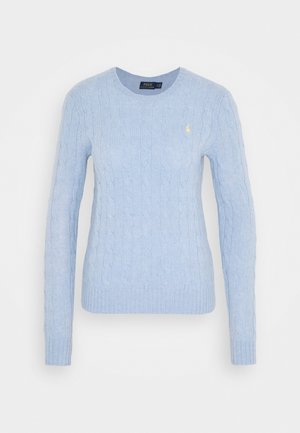 Light blue cable-knit sweater with a round neckline, long sleeves, and ribbed cuffs and hem. Features small yellow logo on the chest.
