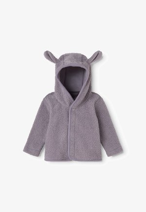 Zachte, grijze, pluizige kinderjas met capuchon met twee kleine stoffen oortjes en voorste drukknoopjes.