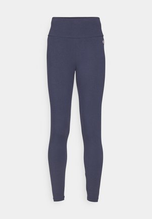 Navy leggings with a high waistband, made from soft, stretchy material. Features a smooth texture and ankle-length design.