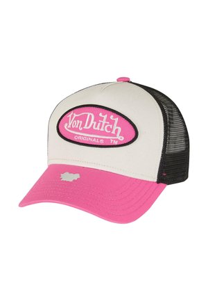 Cappellino da camionista con parte anteriore crema, visiera rosa e retro in rete nera. Presenta una patch ovale rosa con la scritta "Von Dutch" e "Originals."