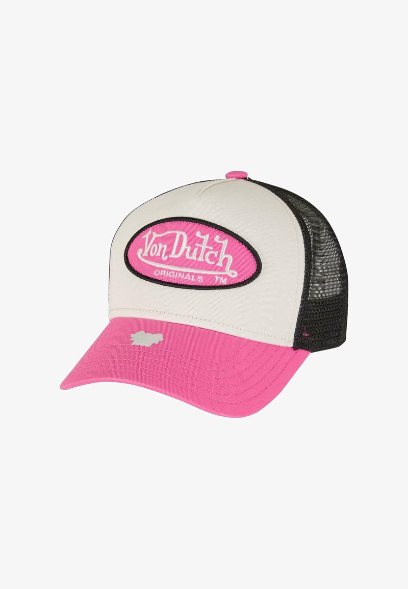 Czapka w stylu truckera z kremowym przodem, różowym daszkiem i czarną siateczką z tyłu. Posiada różową owalną naszywkę z logo "Von Dutch" oraz "Originals."