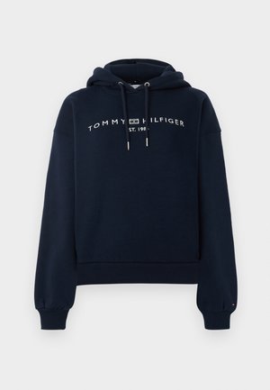 Mørkeblå hættetrøje lavet af bomuldsblanding, med snoretræk i hætten, ribbede manchetter og "TOMMY HILFIGER"-logo med etableringsdato i hvid.