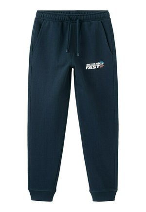 Navy blue jogger pants with elastic waistband, drawstring, side pockets, cuffed ankles, and "Gotta Go Fast" text with a running character graphic.