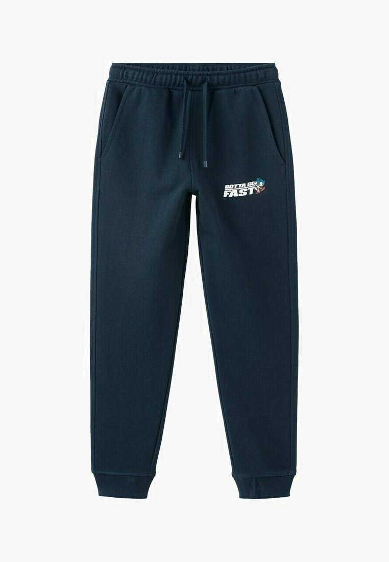 Pantalon de jogging bleu marine avec taille élastique, cordon de serrage, poches latérales, chevilles resserrées et texte "Faut Aller Vite" accompagné d'un graphisme de personnage en train de courir.