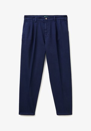 Pantalon homme bleu marine avec passants de ceinture, bouton à l'avant, fermeture éclair, poches latérales et coupe droite.