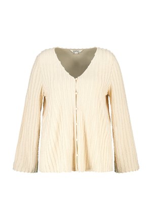 Cardigan créme en tissu texturé, avec un col en V, une fermeture à boutons et des manches longues avec un motif ondulé.