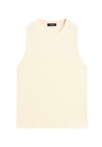 Canottiera a maniche corte di colore crema, con coste, dal collo rotondo e un'etichetta del marchio nera all'interno del collo posteriore.