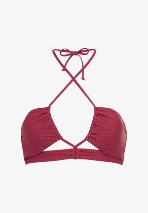 Bikini top v temno rdečem burgujnu, s trikotno zasnovo, nastavljivimi trakovi in nabranimi detajli na skodelicah in spodnjem pasu.