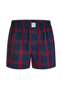 Boxerky s kostkovaným vzorem v červené a námořnické modři vyrobené z bavlny, s elastickým pasem a s jedním knoflíkem na přední části.