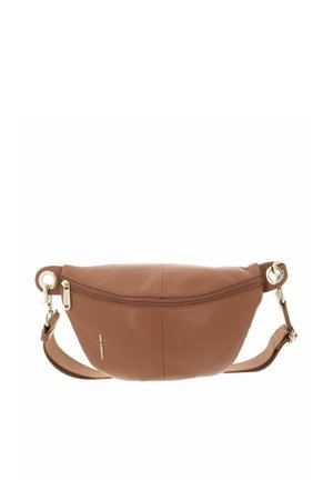 Sac à bandoulière en cuir marron de forme arrondie, doté d'une fermeture éclair sur le dessus, d'accents en métal doré et d'une surface texturée.