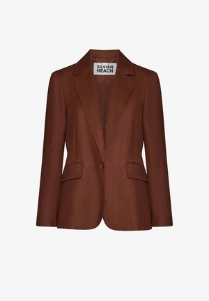 Blazer da donna marrone con un solo bottone, rever a incavo e tasche frontali con pattina, etichettato Silvian Heach.