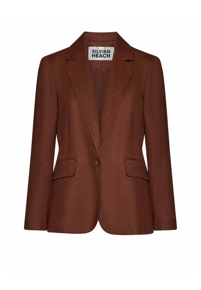 Brun damesblazer med enkeltknap, hakkede revers og frontlommer med klapper, mærket Silvian Heach.