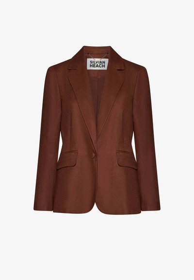 Brun damesblazer med enkeltknap, hakkede revers og frontlommer med klapper, mærket Silvian Heach.