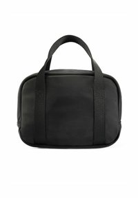 Czarna prostokątna torba z krótkimi rączkami, wykonana z trwałego materiału, o gładkiej fakturze i minimalistycznym designie, bez widocznych zapięć.