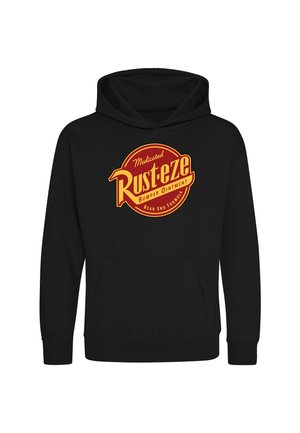 Sort hættetrøje med et rødt og gult Rust-eze-logo centreret på brystet og en forlommekanguru.