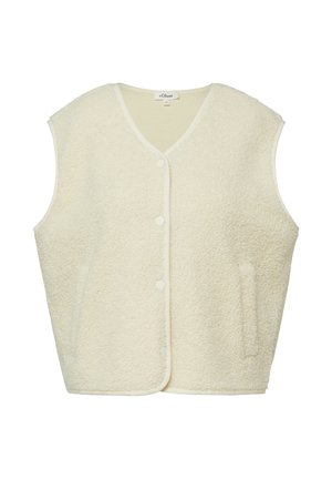 Kremowa kamizelka bez rękawów wykonana z polaru, zapinana na zatrzaski z przodu, z bocznymi kieszeniami, wycięciem w serek i miękką fakturą.
