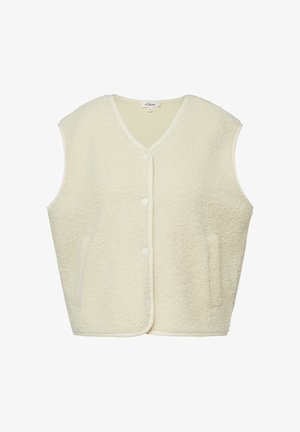 Kremowa kamizelka bez rękawów wykonana z polaru, zapinana na zatrzaski z przodu, z bocznymi kieszeniami, wycięciem w serek i miękką fakturą.