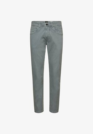 Herregrå jeans med straight-fit ben, forud med knap og lynlås, bæltestropper og fem-lommer design.