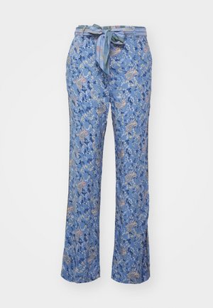Blue patterned pants with a paisley design, made of soft fabric, featuring a tie belt and wide-leg cut for a loose fit.