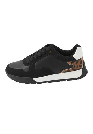 Black lace-up sneaker with white heel accent and leopard print detail above the sole, featuring textured and smooth panels.