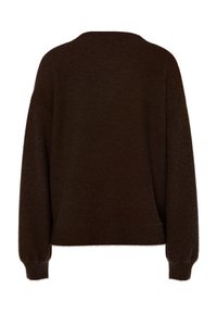Pull marron foncé à manches longues avec col rond et poignets et ourlet côtelés, présenté de dos sur fond blanc.