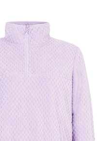 Svetlofialová mikina s textúrovaným, mäkkým povrchom a golierom s polovičným zipsom. Obsahuje prednú vrecko a voľný strih.