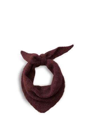 Weicher gestrickter dunkelbrauner dreieckiger Schal, zu einem Knoten gebunden, zum Tragen um den Hals entworfen.