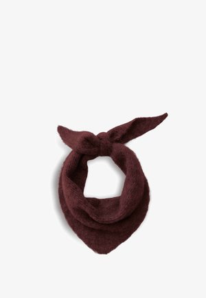 Weicher gestrickter dunkelbrauner dreieckiger Schal, zu einem Knoten gebunden, zum Tragen um den Hals entworfen.