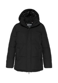 Schwarze gepolsterte Jacke mit attachierter Kapuze, Reißverschluss, elastischen Bündchen und zwei vorderen Taschen. Glatte Textur, leichtes Material.
