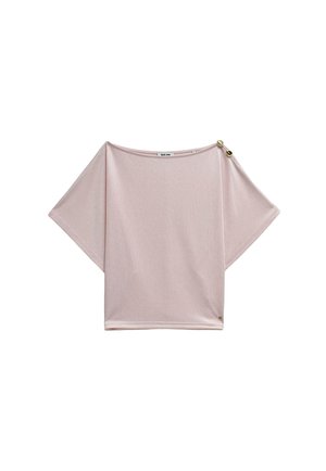 Haut à manches courtes rose clair avec manches larges et deux boutons dorés sur l'épaule gauche, forme rectangulaire, et petite étiquette de marque à l'ourlet.