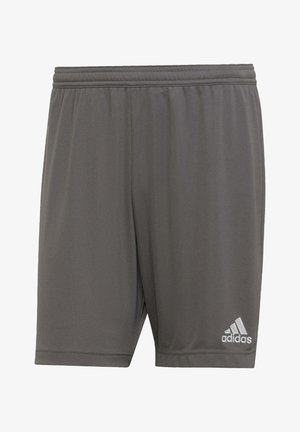 Grijze sportshorts gemaakt van lichtgewicht stof. Heeft een elastische tailleband en een wit Adidas-logo aan de onderkant aan de linkerkant.