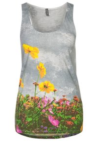 Top senza maniche a fiori con sfondo grigio e fiori gialli e rosa, realizzato in tessuto leggero, con scollo a barca.