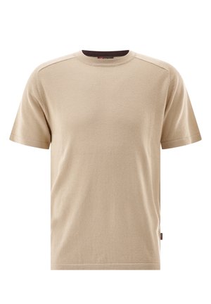 Beige short-sleeve crew neck T-shirt with plain design and small fabric tag on lower side seam.