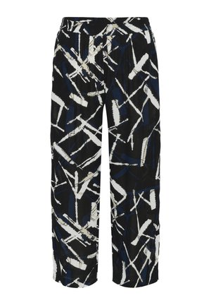 Pantalons noirs avec un motif géométrique en blanc et bleu marine. Fabriqués en tissu léger, avec une taille élastique et une coupe à jambes larges.