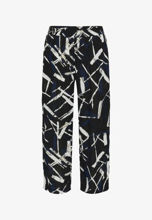 Black trousers with a geometric pattern in white and navy blue. Made of lightweight fabric, featuring an elastic waistband and wide leg design.
