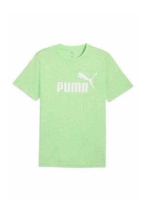 T-shirt in cotone verde chiaro a maniche corte con logo "PUMA" bianco e grafica di un puma che salta sul davanti. Collo tondo.